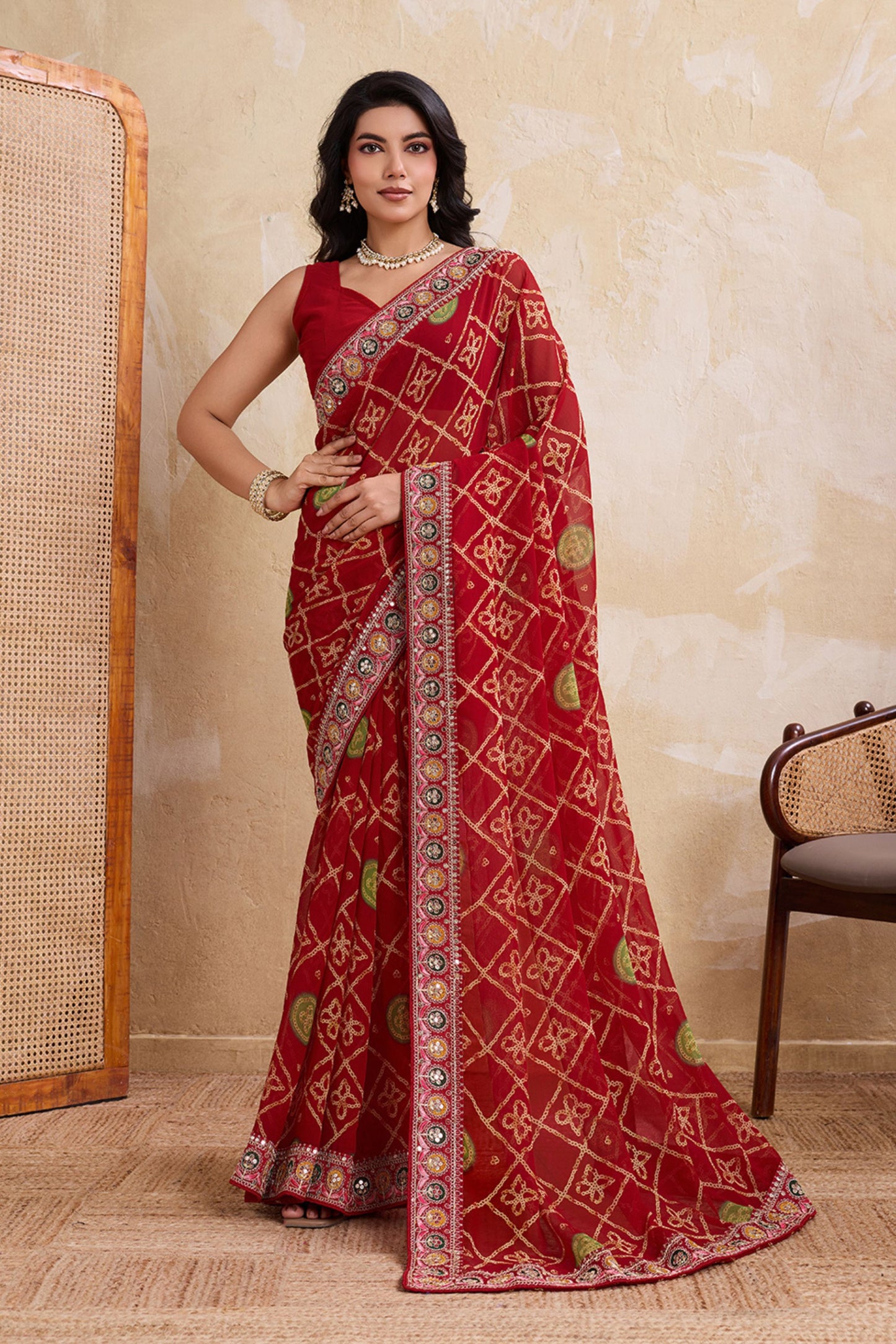 Red Printed Saree Traditional Motif Design Decorative Border 