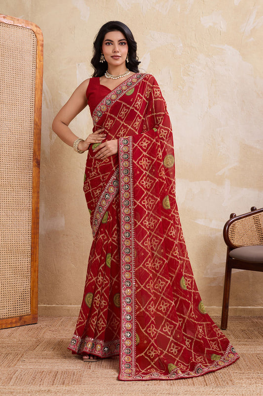 Red Printed Saree Traditional Motif Design Decorative Border 