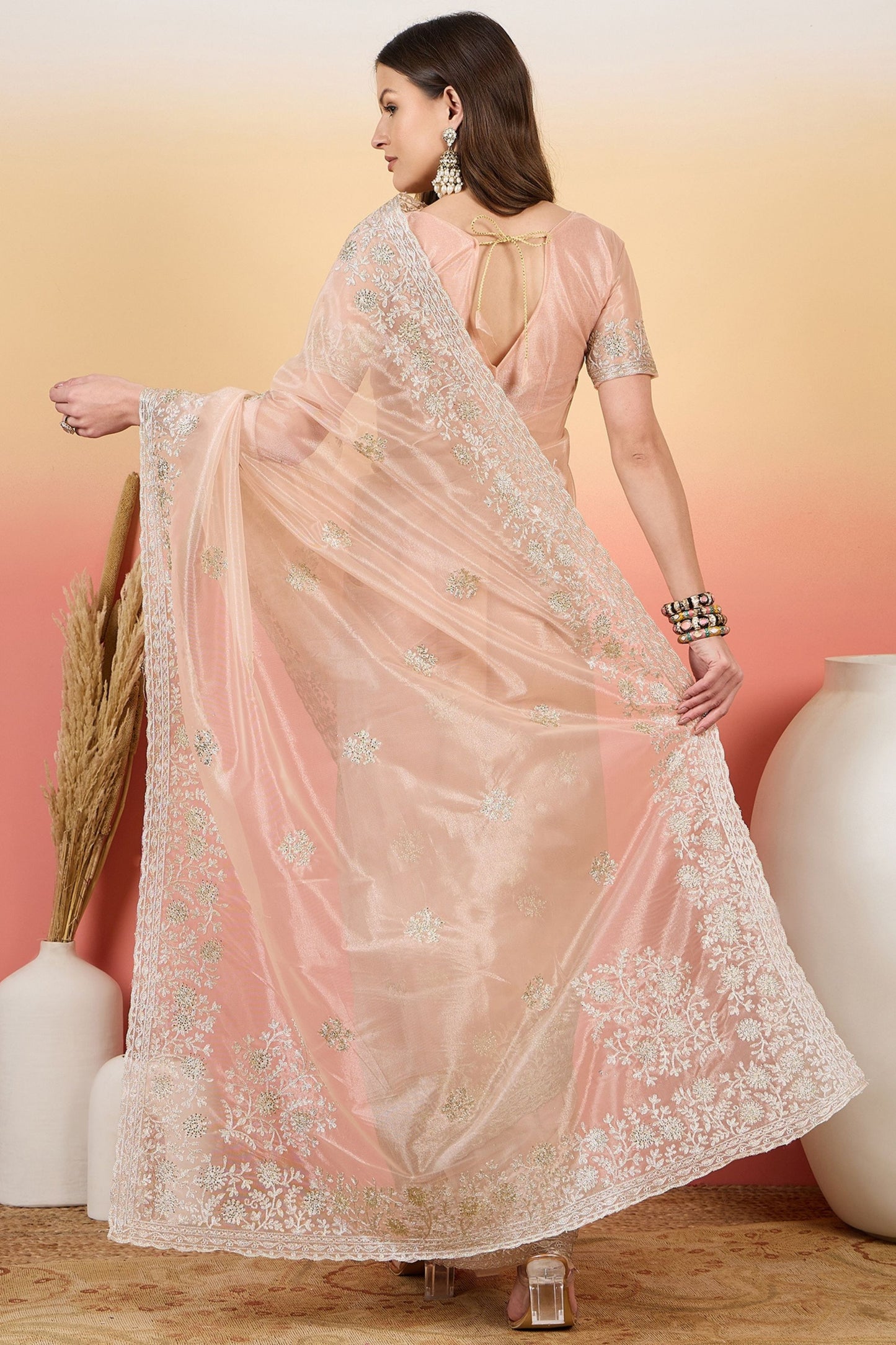Peach Embroidered Net Saree with Designer Border Party Wear Saree