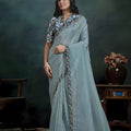 Blue Organza Silk Saree Embroidered Border Designer Printed Blouse 