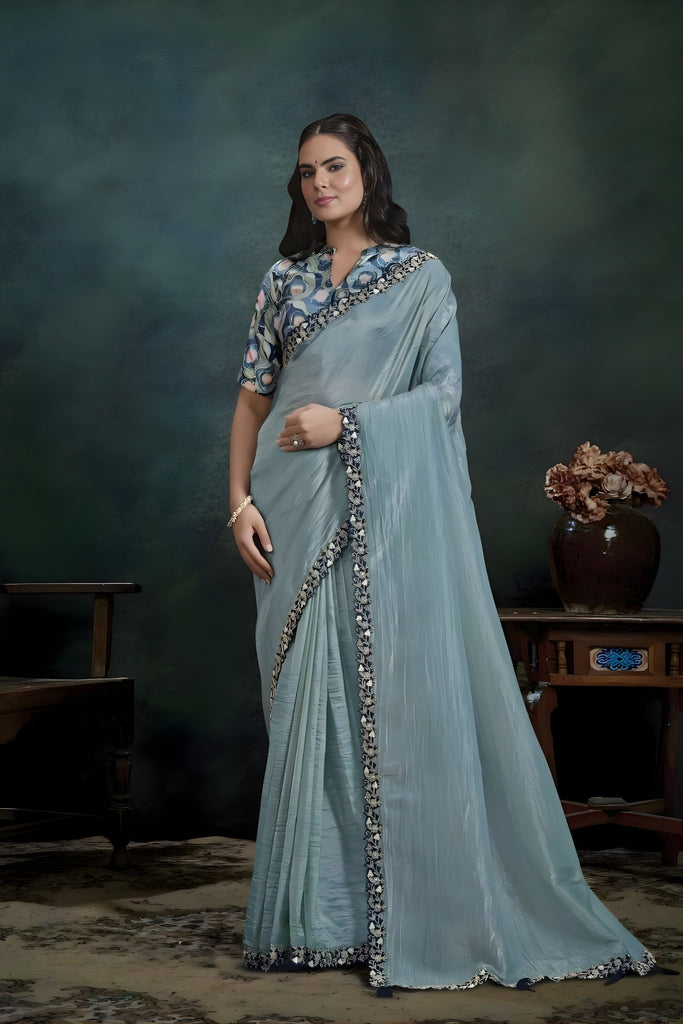 Blue Organza Silk Saree Embroidered Border Designer Printed Blouse 
