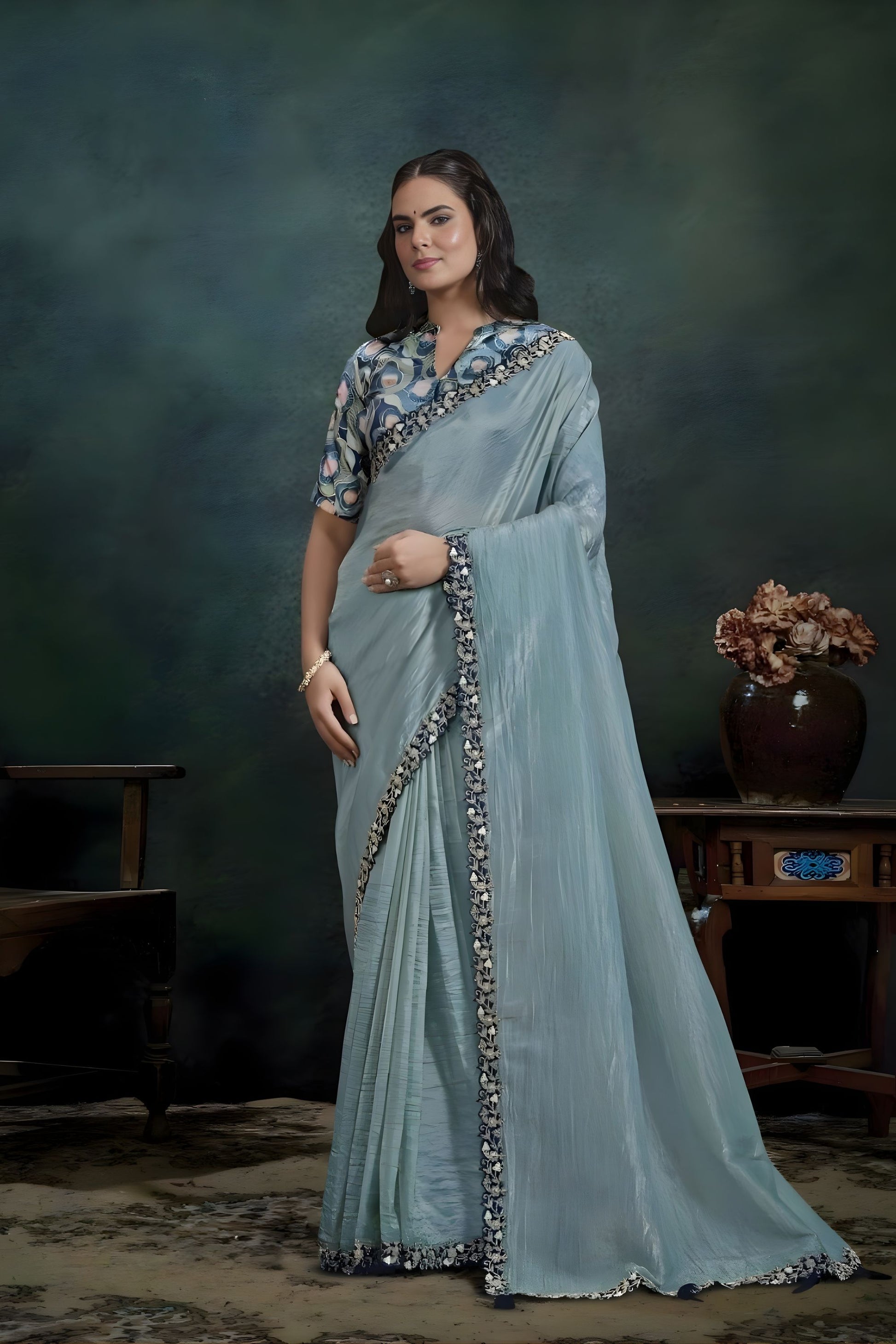 Blue Organza Silk Saree Embroidered Border Designer Printed Blouse 