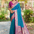  Teal Blue Silk Saree with Pink Border Multicolor Peacock Zari Weaving Work