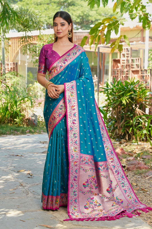  Teal Blue Silk Saree with Pink Border Multicolor Peacock Zari Weaving Work