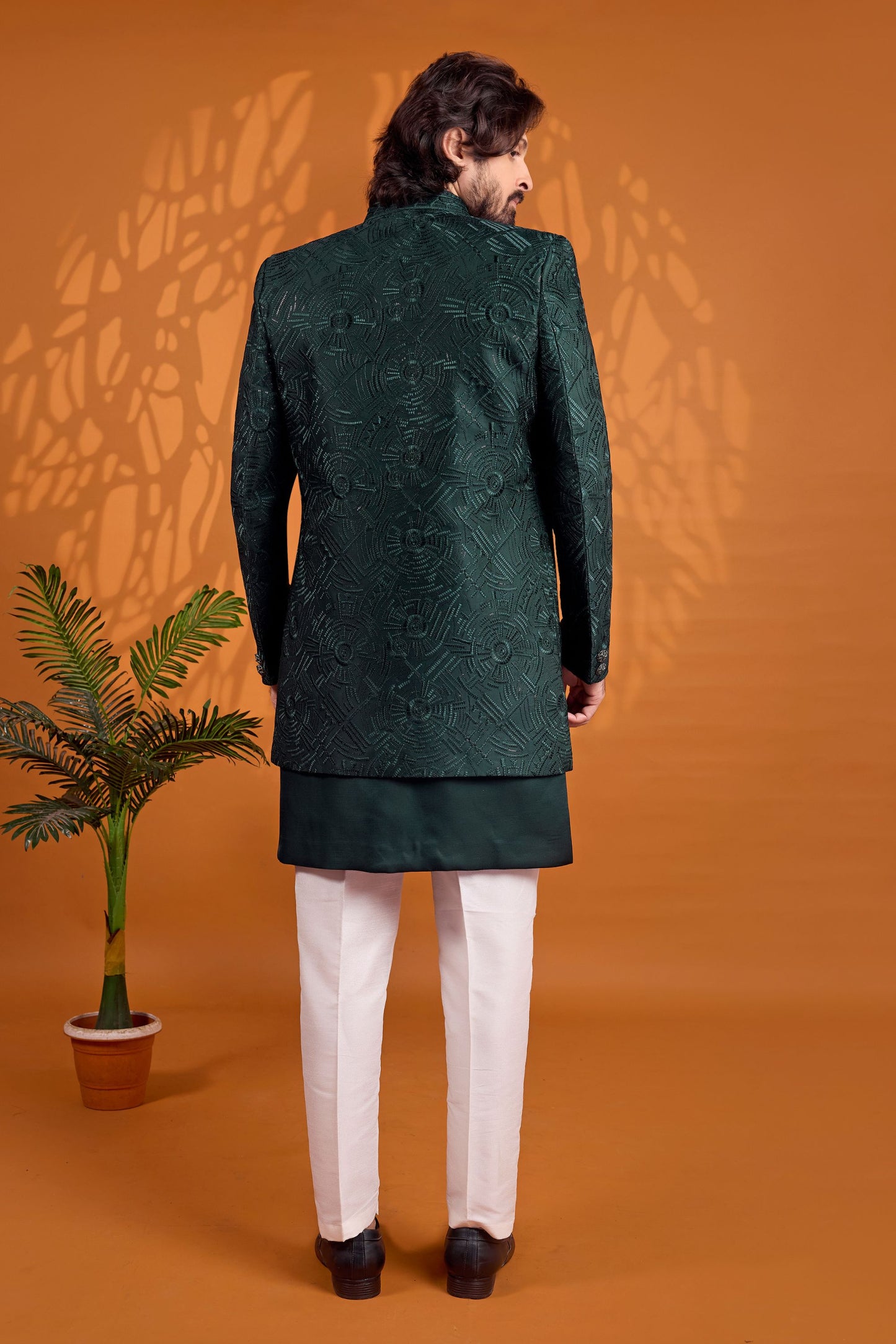 Luxury Dark Green Indo Western Sherwani for Men With Designer Jacquard Jacket
