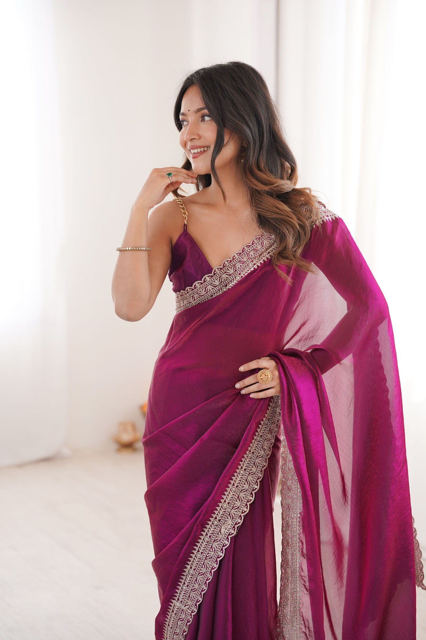 Luxury Magenta Pink Organza Saree Designer Embroidered Border