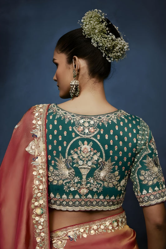 Peach Copper Embroidered Saree with Designer Blouse