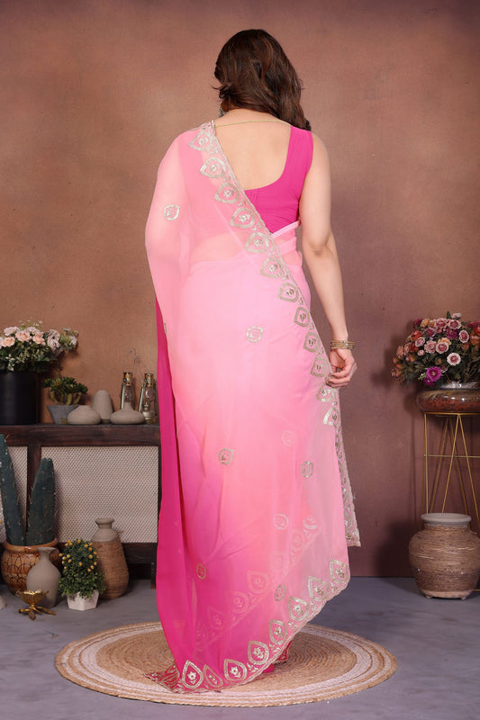 Pink Ombre Georgette Saree with Embroidered Border Work