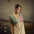 Cream Linen Silk Saree Mint Green Floral Digital Print Designer Tassel Pallu