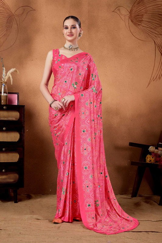 Pink Bandhani Print Saree with Mirror Work Designer Saree