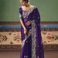 Royal Purple Organza Silk Saree Heavy Silver Zari Embroidery Border