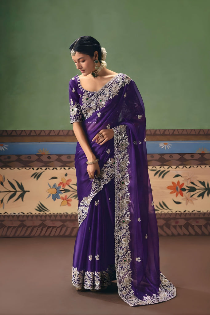 Royal Purple Organza Silk Saree Heavy Silver Zari Embroidery Border