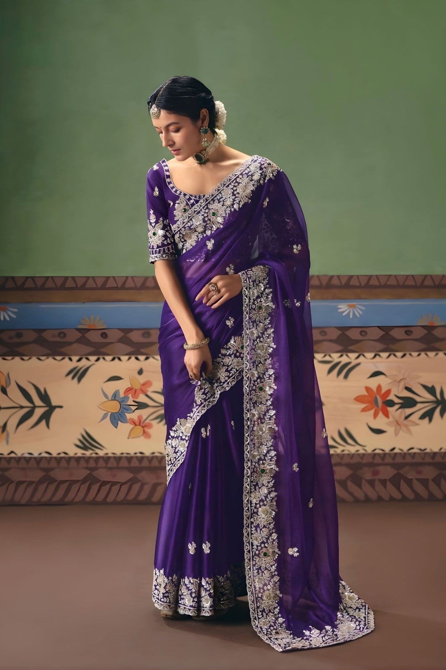 Royal Purple Organza Silk Saree Heavy Silver Zari Embroidery Border