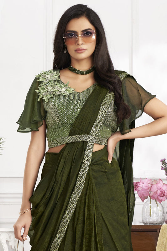 Olive Green Designer Saree with Sequins Embroidered Blouse
