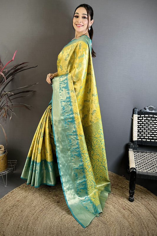 Mustard Yellow Teal Blue Kanjivaram Silk Saree Rich Zari Woven Border