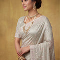 Silver Grey Organza Silk Saree Floral Embroidery and Designer Border