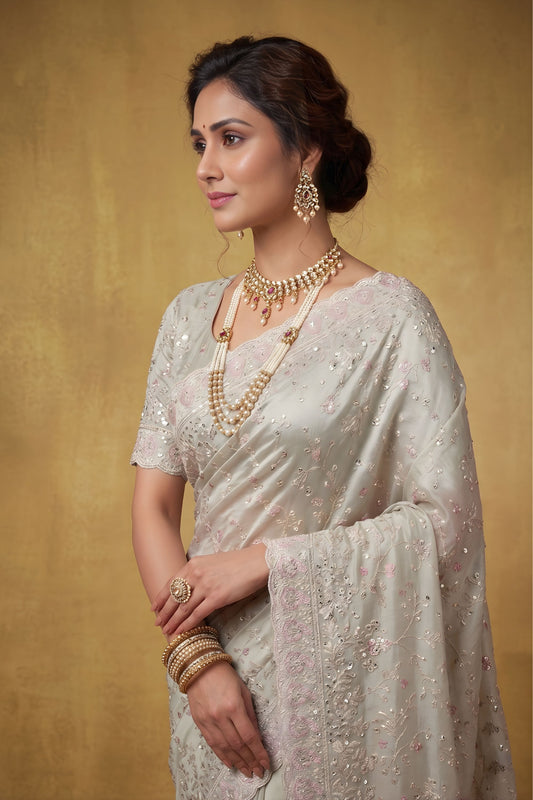 Silver Grey Organza Silk Saree Floral Embroidery and Designer Border