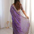 Luxury Purple Organza Silk Saree Golden Thread Work Embroidery Blouse