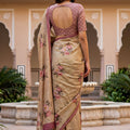 Elegant Beige Floral Printed Linen Silk Saree with Mauve Border