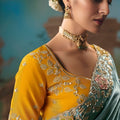 Teal Green Designer Saree with Floral Embroidery Mustard Yellow Blouse
