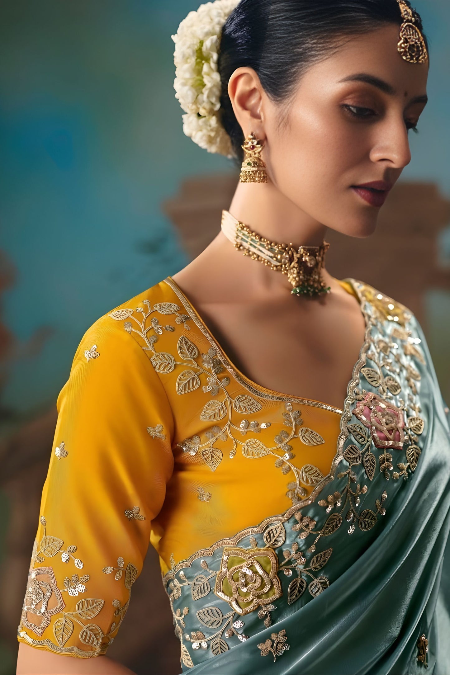Teal Green Designer Saree with Floral Embroidery Mustard Yellow Blouse