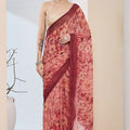 Peach Pink Floral Printed Designer Saree with Contrast Border