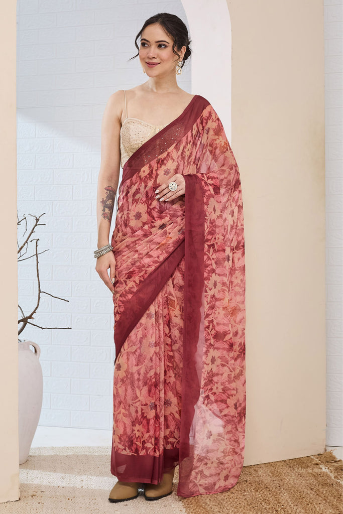 Peach Pink Floral Printed Designer Saree with Contrast Border