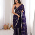 Royal Deep Purple Organza Silk Saree Golden Zari Embroidery Designer Blouse 