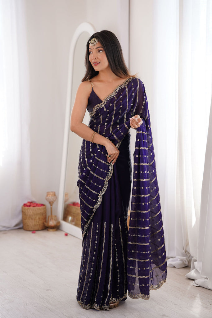 Royal Deep Purple Organza Silk Saree Golden Zari Embroidery Designer Blouse 