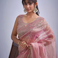 Peach Pink Tissue Silk Saree with Zari Embroidery Designer Blouse