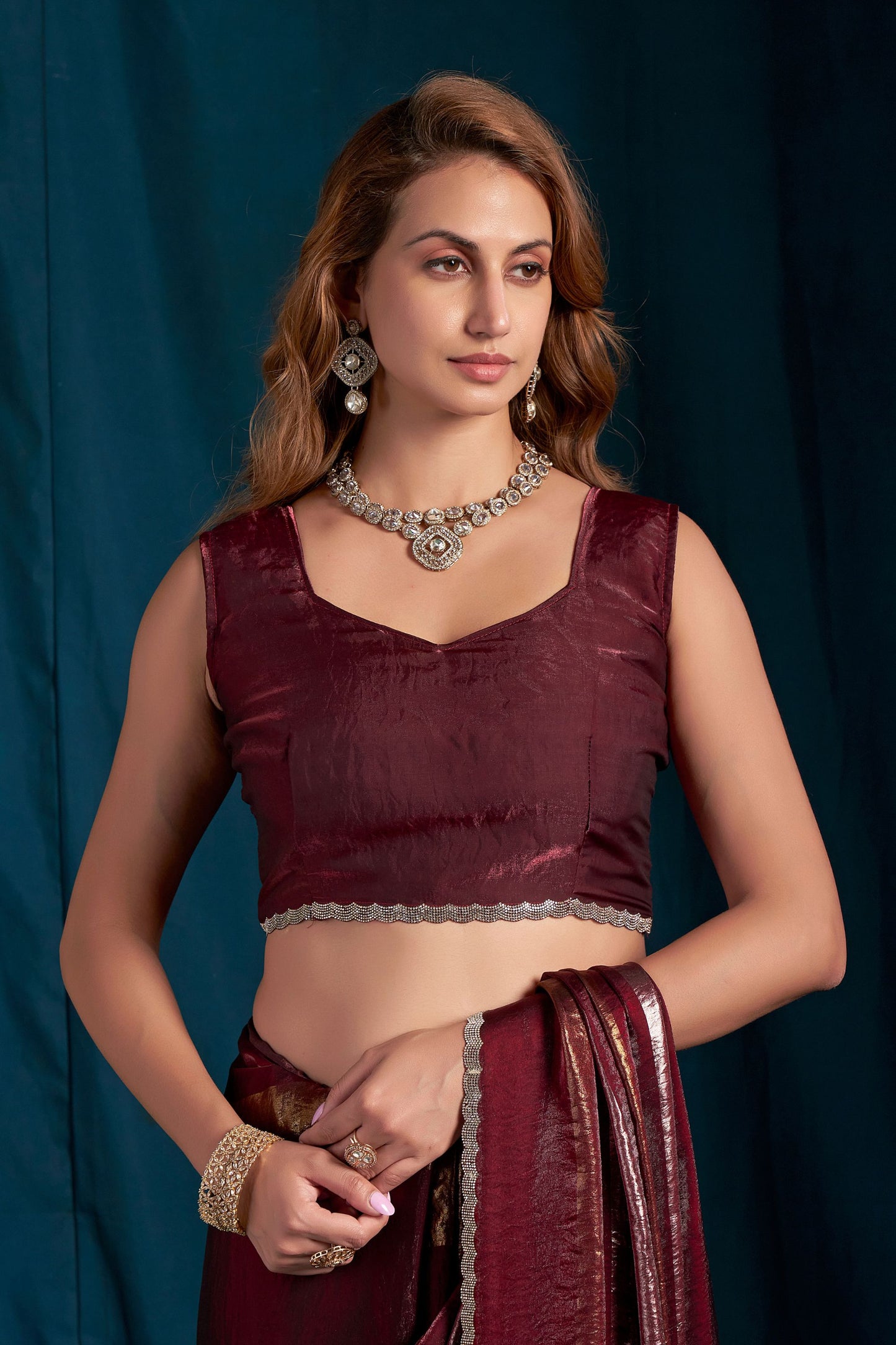 Maroon Satin Silk Saree with Metallic Zari Designer Party Wear