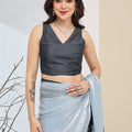 Sky Blue Organza Ready To Wear Saree Designer Black Ruffle Border