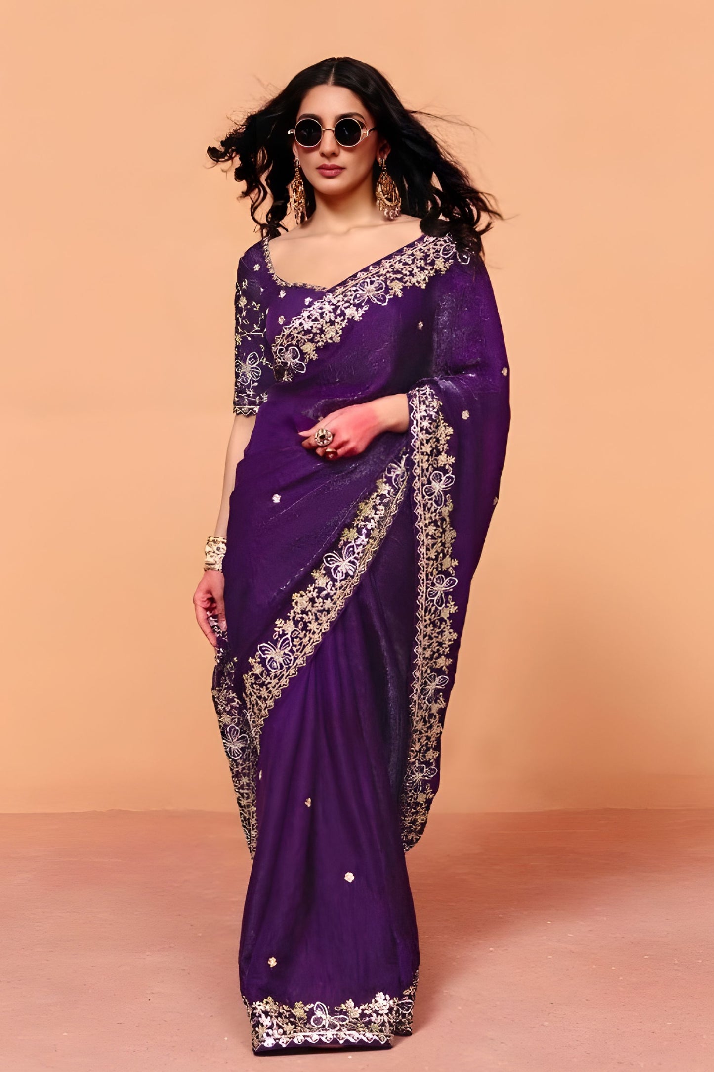 Purple Designer Saree Heavy Embroidered Border Saree