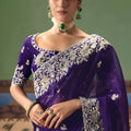 Royal Purple Organza Silk Saree Heavy Silver Zari Embroidery Border