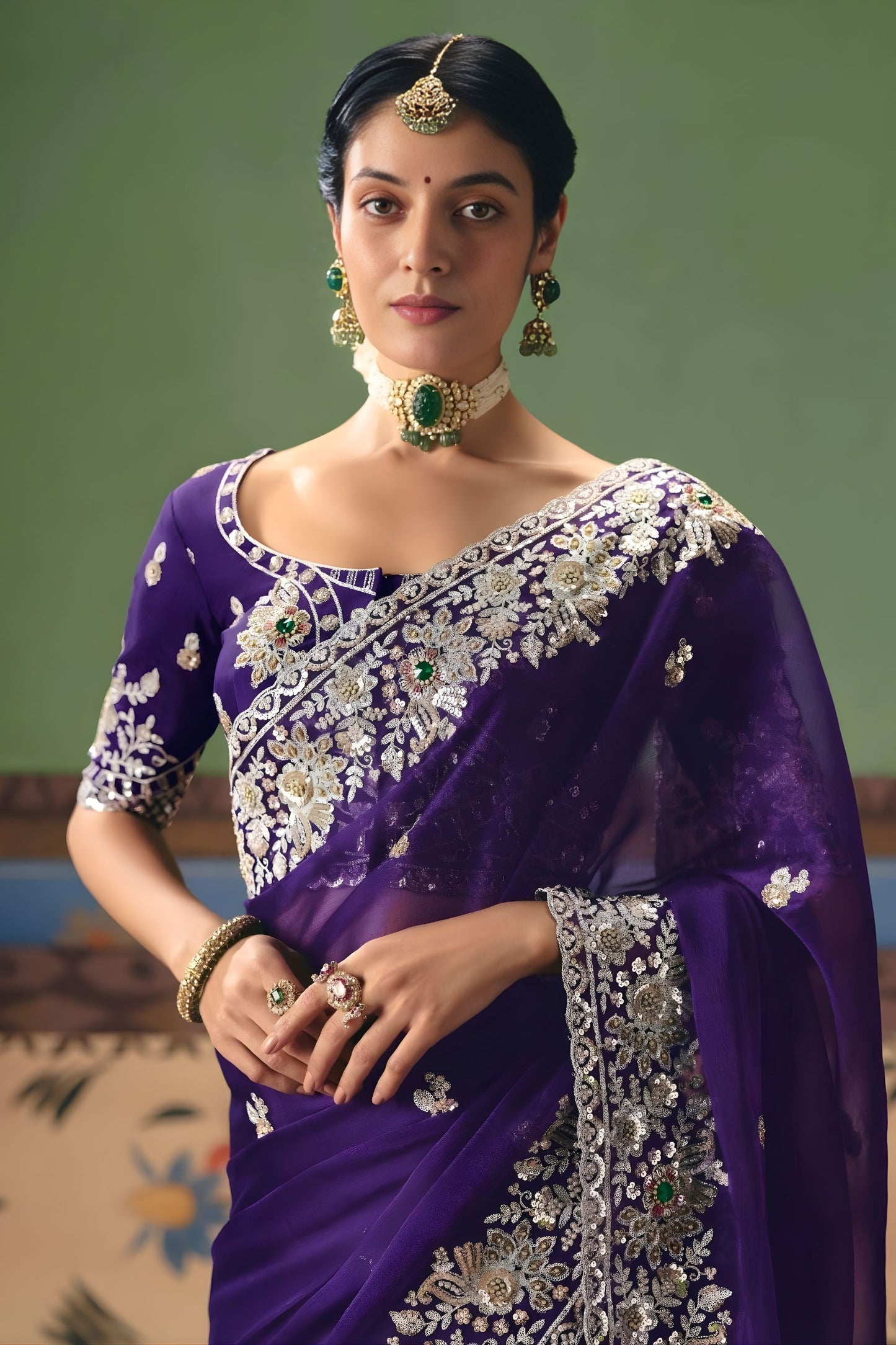 Royal Purple Organza Silk Saree Heavy Silver Zari Embroidery Border