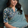 Blue Organza Silk Saree Embroidered Border Designer Printed Blouse