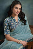 Blue Organza Silk Saree Embroidered Border Designer Printed Blouse