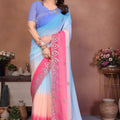 Sky Blue and Pink Georgette Saree Embroidered Border Work