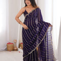 Royal Deep Purple Organza Silk Saree Golden Zari Embroidery Designer Blouse