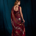 Maroon Satin Silk Saree with Metallic Zari Designer Party Wear