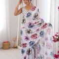 White Floral Digital Printed Linen Saree with Designer Lace Border