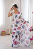 White Floral Digital Printed Linen Saree with Designer Lace Border