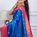 Royal Blue Kanjivaram Silk Saree with Pink Border Gold Zari Butti Work