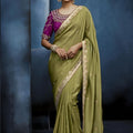Luxury Olive Green Embroidered Saree with Designer Blouse 