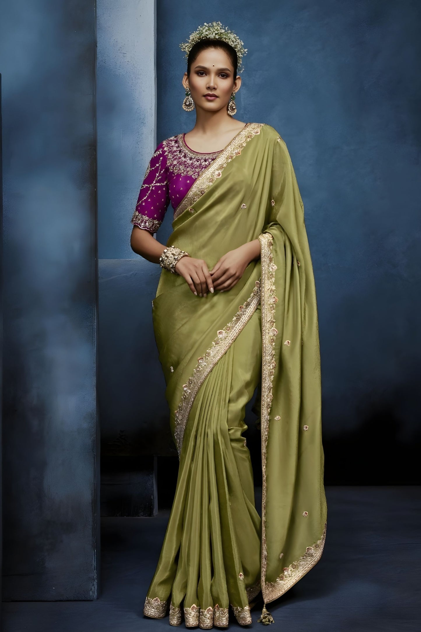 Luxury Olive Green Embroidered Saree with Designer Blouse 
