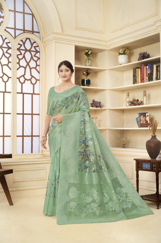 Pastel Green Linen Silk Saree with Blue Floral Digital Print and Zari Woven Border