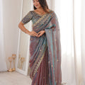 Grey Blue Organza Silk Saree Golden Thread Embroidery Blouse