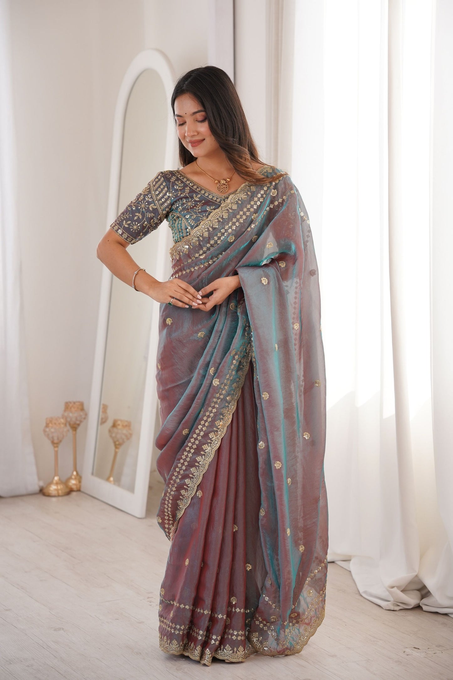 Grey Blue Organza Silk Saree Golden Thread Embroidery Blouse