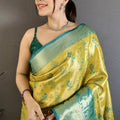Mustard Yellow Teal Blue Kanjivaram Silk Saree Rich Zari Woven Border