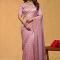 Pink Organza Silk Saree Floral Embroidered Border Designer Blouse